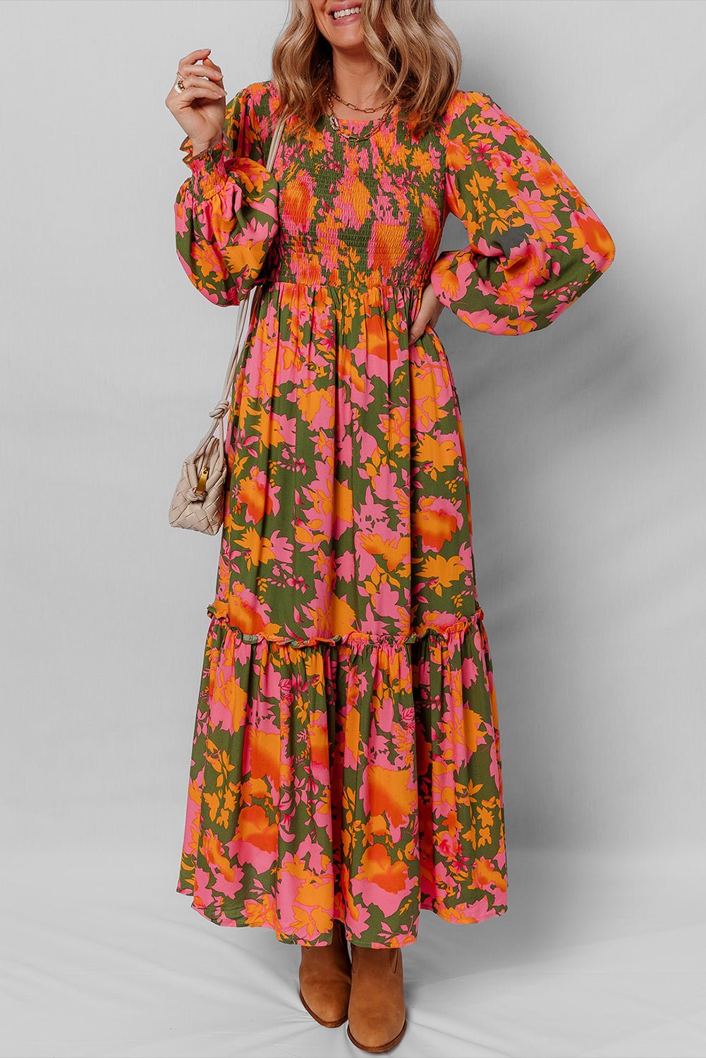 Orange Floral Puff Sleeve Smocked Bodice Frill Tiered Dress - Bumpkin Ranchwear