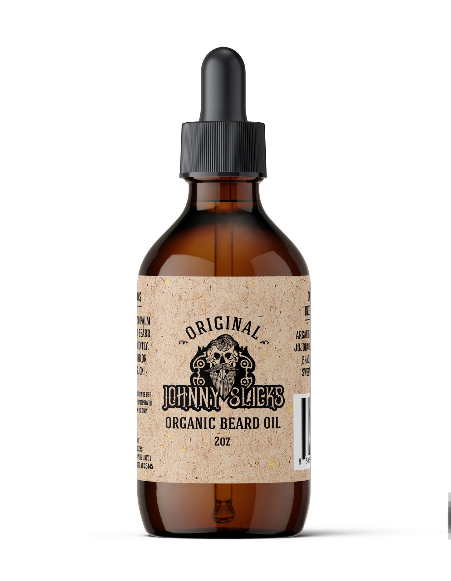 Brown glass bottle with dropper labeled 'Johnny Slicks Organic Beard Oil' on a white background. 2oz