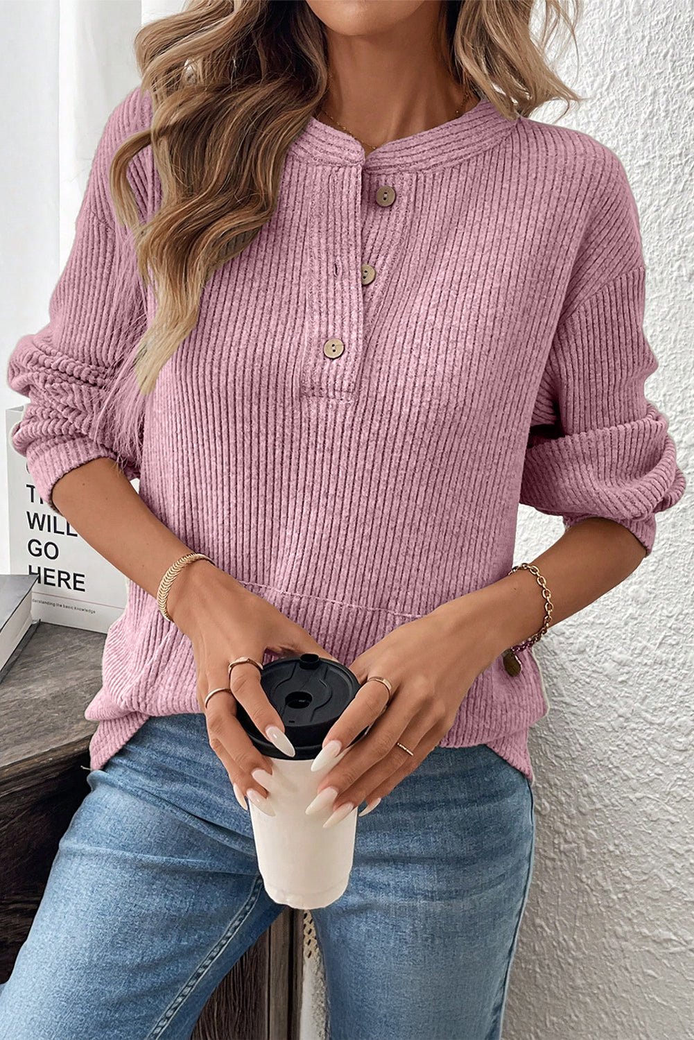 Pink Ribbed Drop Shoulder Henley Knit Top - Bumpkin Ranchwear