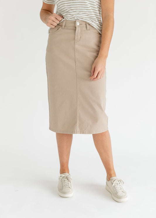 Remi Simply Taupe Denim Midi Skirt - Bumpkin Ranchwear