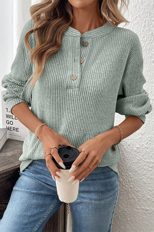 Ribbed Drop Shoulder Henley Knit Top - 3 Colors - Bumpkin Ranchwear