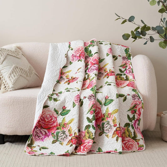 Romantic Roses Floral Throw Blanket - Lovely Spring Pink & White Scalloped Edges - Bumpkin Ranchwear