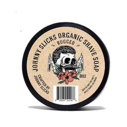 Johnny Slicks Organic Shave Soap container with label on a white background