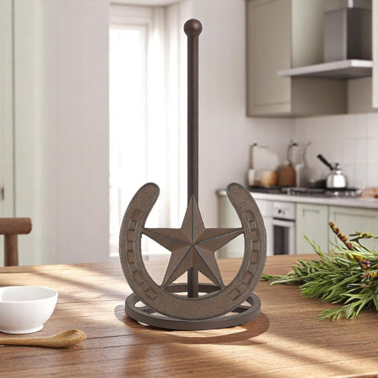 Rustic Cast Iron Star and Horseshoe Paper Towel Holder - Western Farmhouse Kitchen Decor, Cabin Ranch Accent - Bumpkin Ranchwear