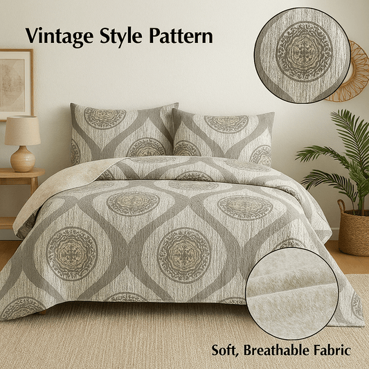 Rustic Grey Mosaic Distressed Medallion Reversible Quilted Bedspread Set - Bumpkin Ranchwear