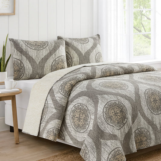 Rustic Grey Mosaic Distressed Medallion Reversible Quilted Bedspread Set - Bumpkin Ranchwear