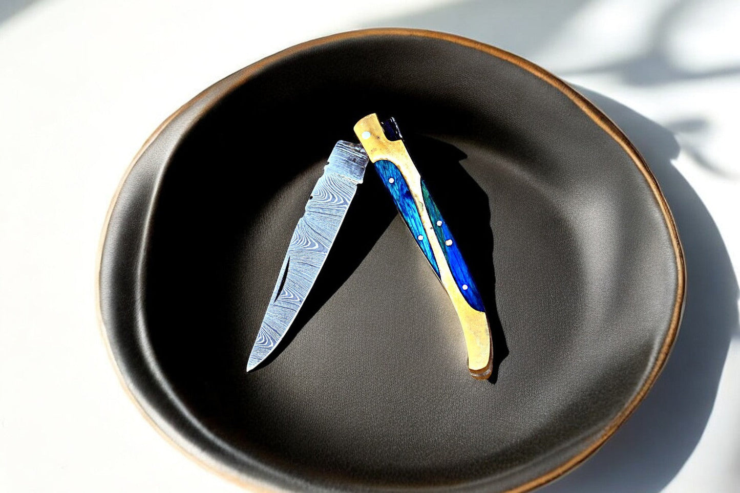 Handmade Damascus Folding Knife with Wood & Brass Handle