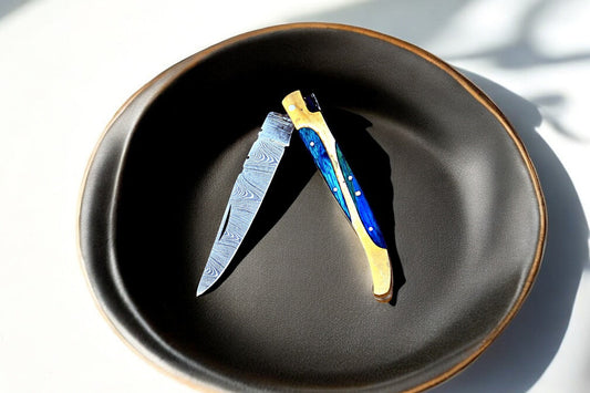 Handmade Damascus Folding Knife with Wood & Brass Handle