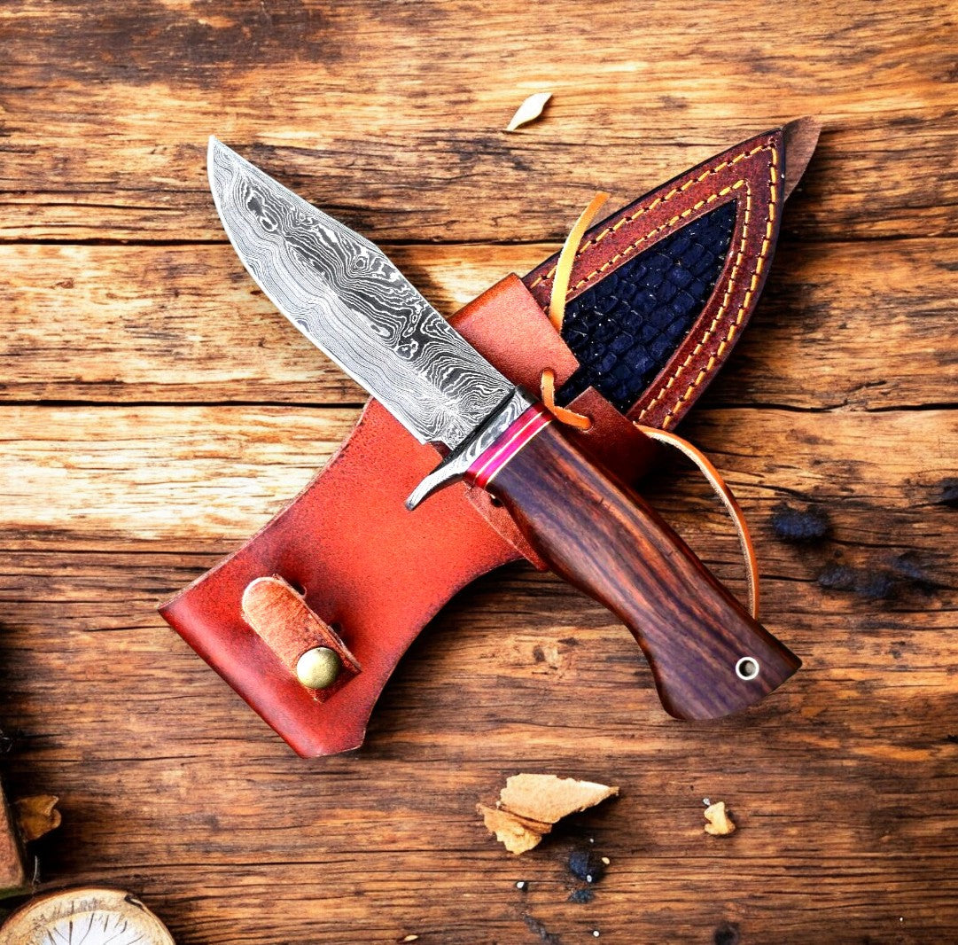 Custom Handmade Damascus Hunting Knife – 9" with Rosewood Handle