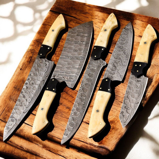 Handmade Damascus Kitchen Knives Set | Bone & Horn Handles