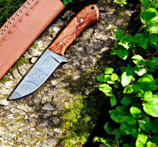 Handmade Damascus Steel Skinning Knife with Olive Wood Handle