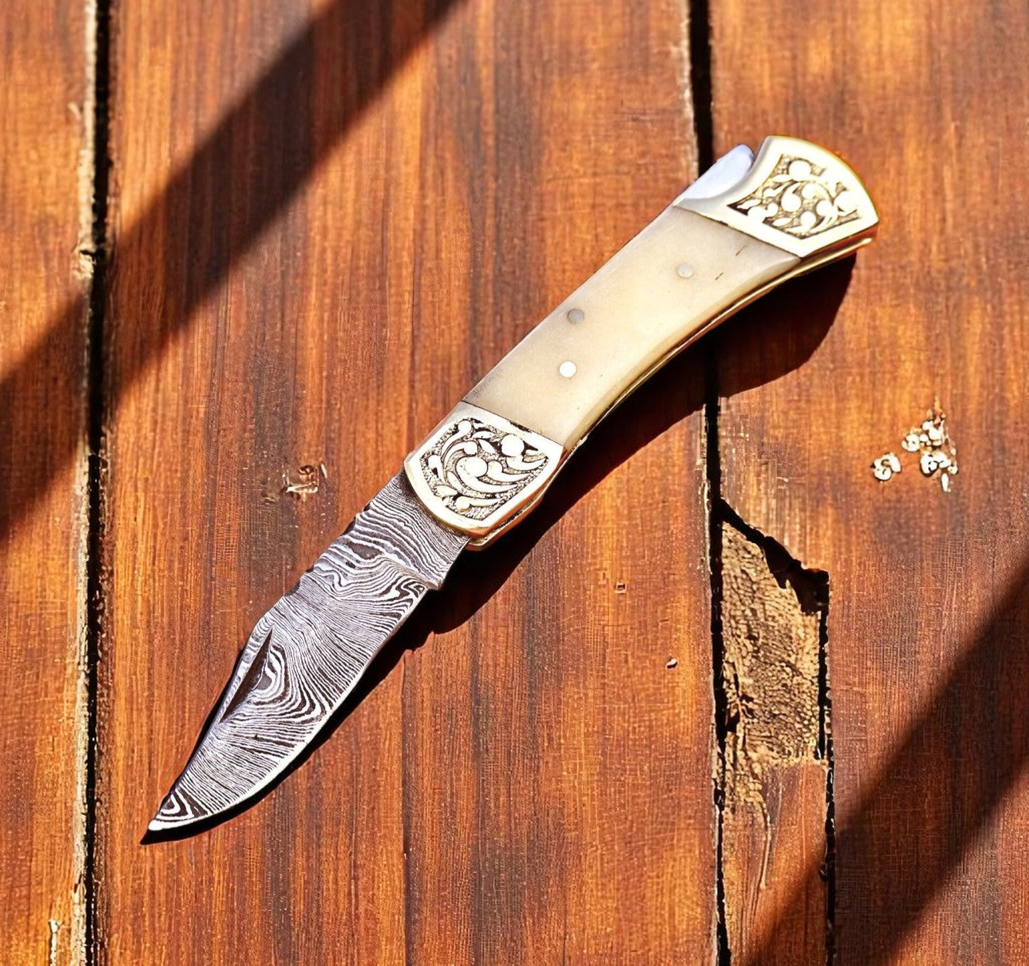 Handmade Damascus Pocket Knife with Bone Handle - 3"
