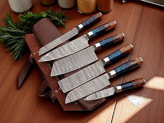 Handmade Damascus Kitchen Knives Set with Leather Roll