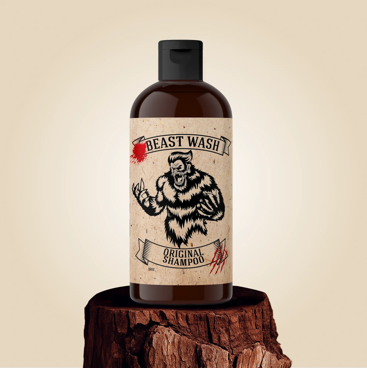 Bottle of 'Beast Wash' original shampoo on a wooden block with a beige background
