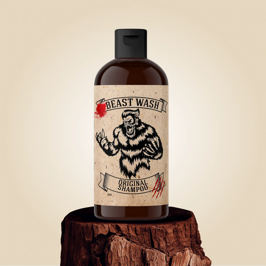 Bottle of 'Beast Wash' original shampoo on a wooden block with a beige background