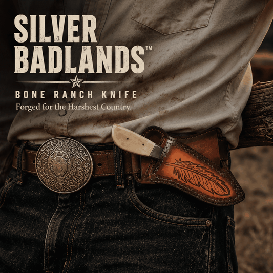 Silver Badlands handmade bone ranch knife worn in a feather-tooled leather cross draw pancake sheath on a cowboy belt during ranch work.