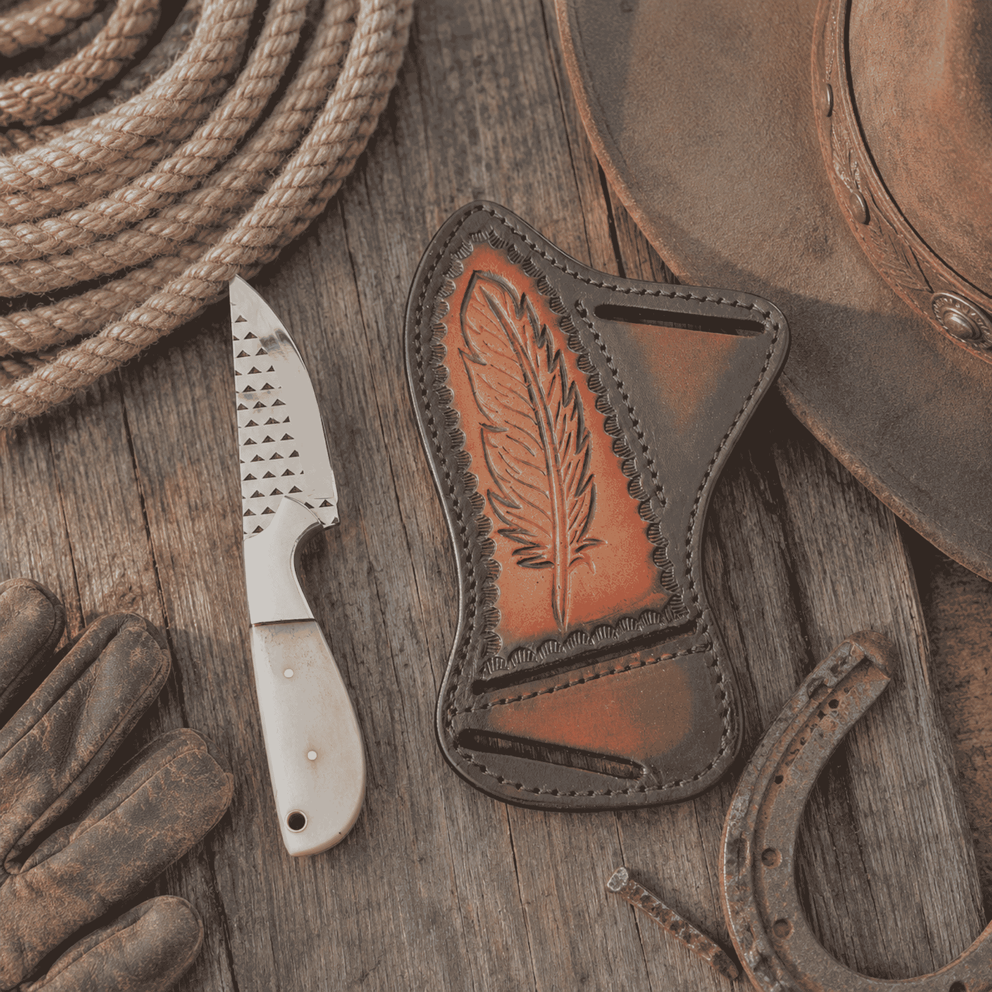 Silver Badlands handmade bone ranch knife and feather-tooled leather sheath displayed with cowboy gear including rope, hat, gloves, and horseshoe.