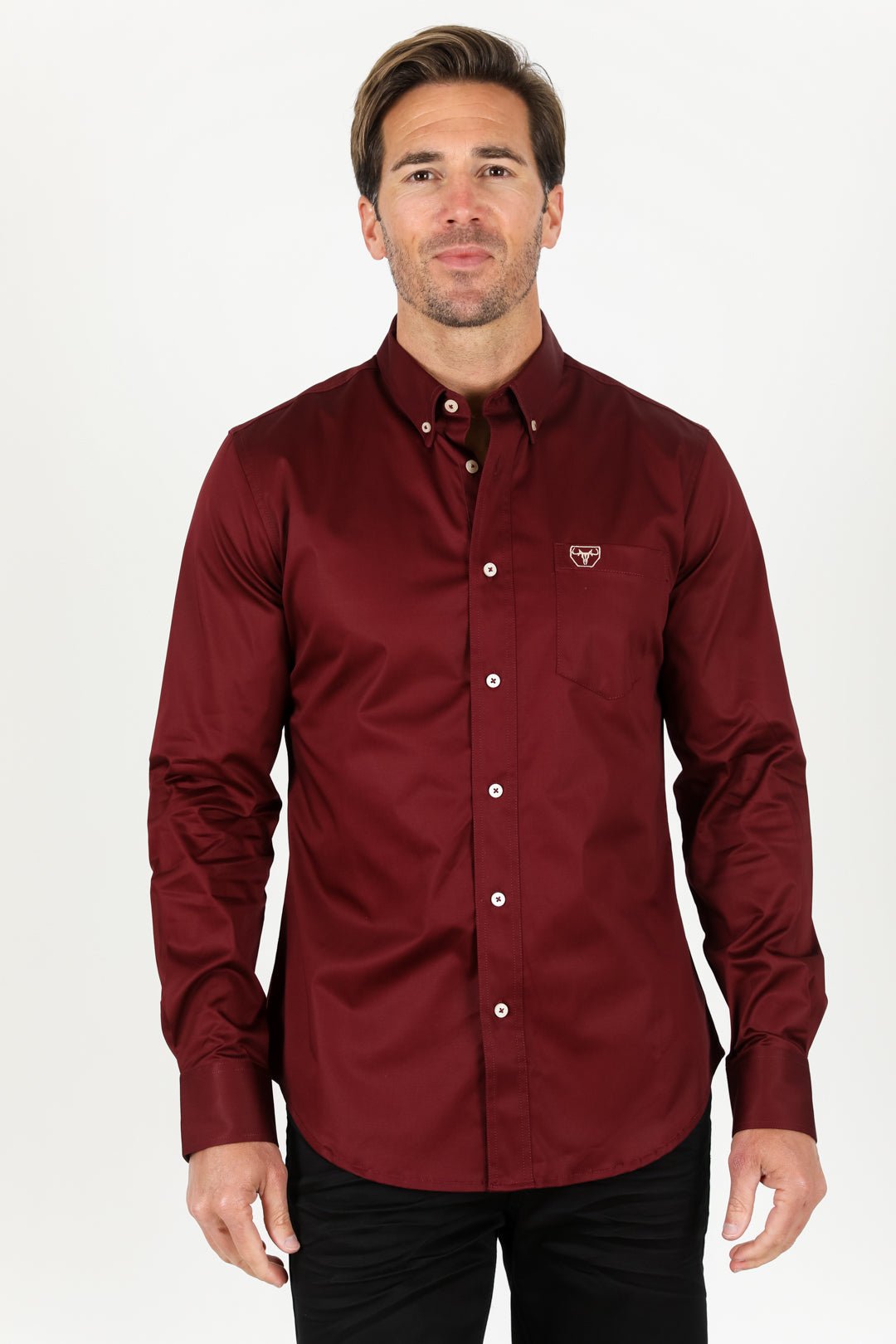 Single Pocket Logo Modern Fit Stretch Dress Shirt - Burgundy - Bumpkin Ranchwear