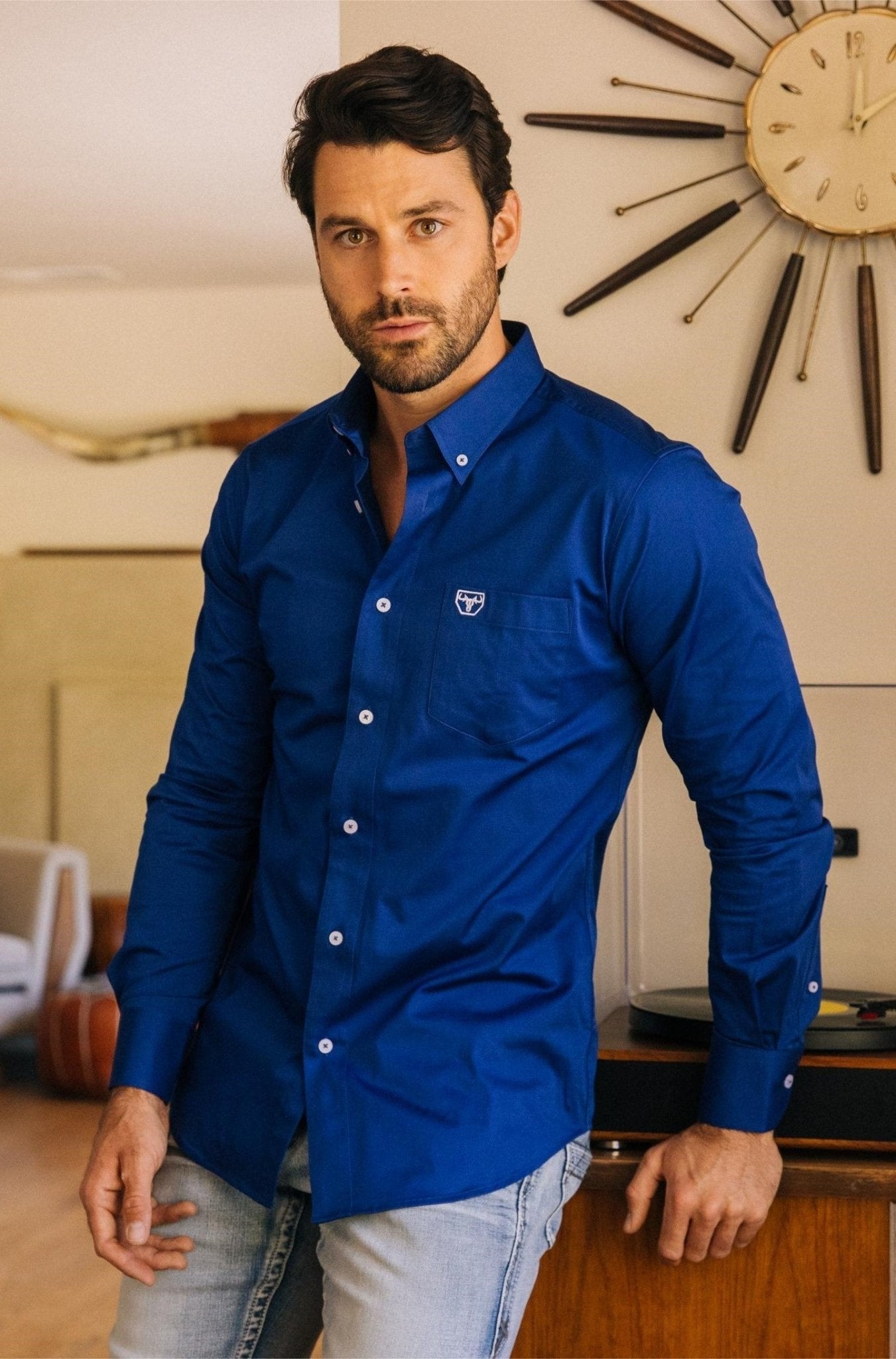Single Pocket Logo Modern Fit Stretch Dress Shirt - Royal Blue - Bumpkin Ranchwear