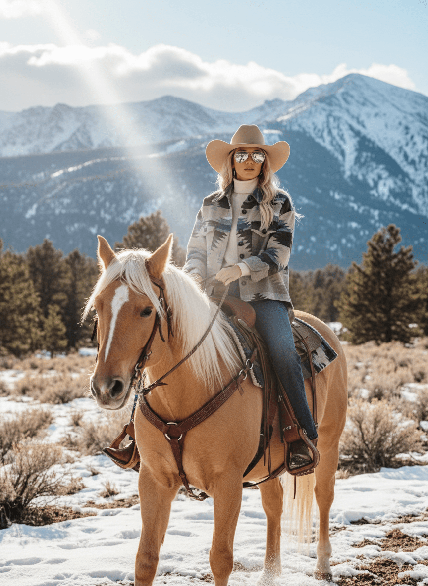 Woman riding a horse in a snowy landscape with mountains in the background