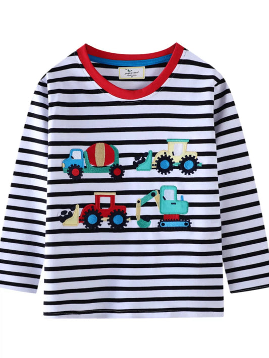 Striped Long Sleeve T-Shirt with Construction Vehicle Appliques - Bumpkin Ranchwear