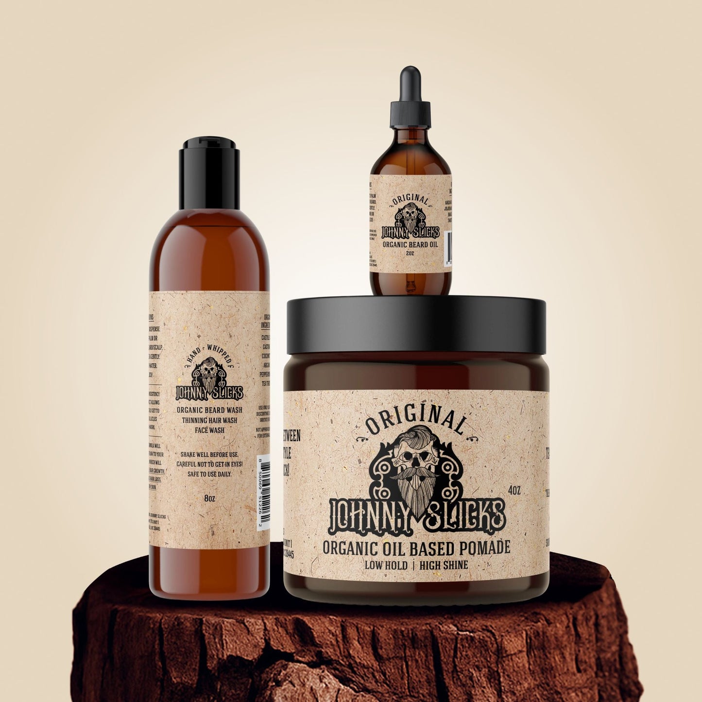 Three bottles of Johnny Slicks grooming products on a wooden block with a beige background.