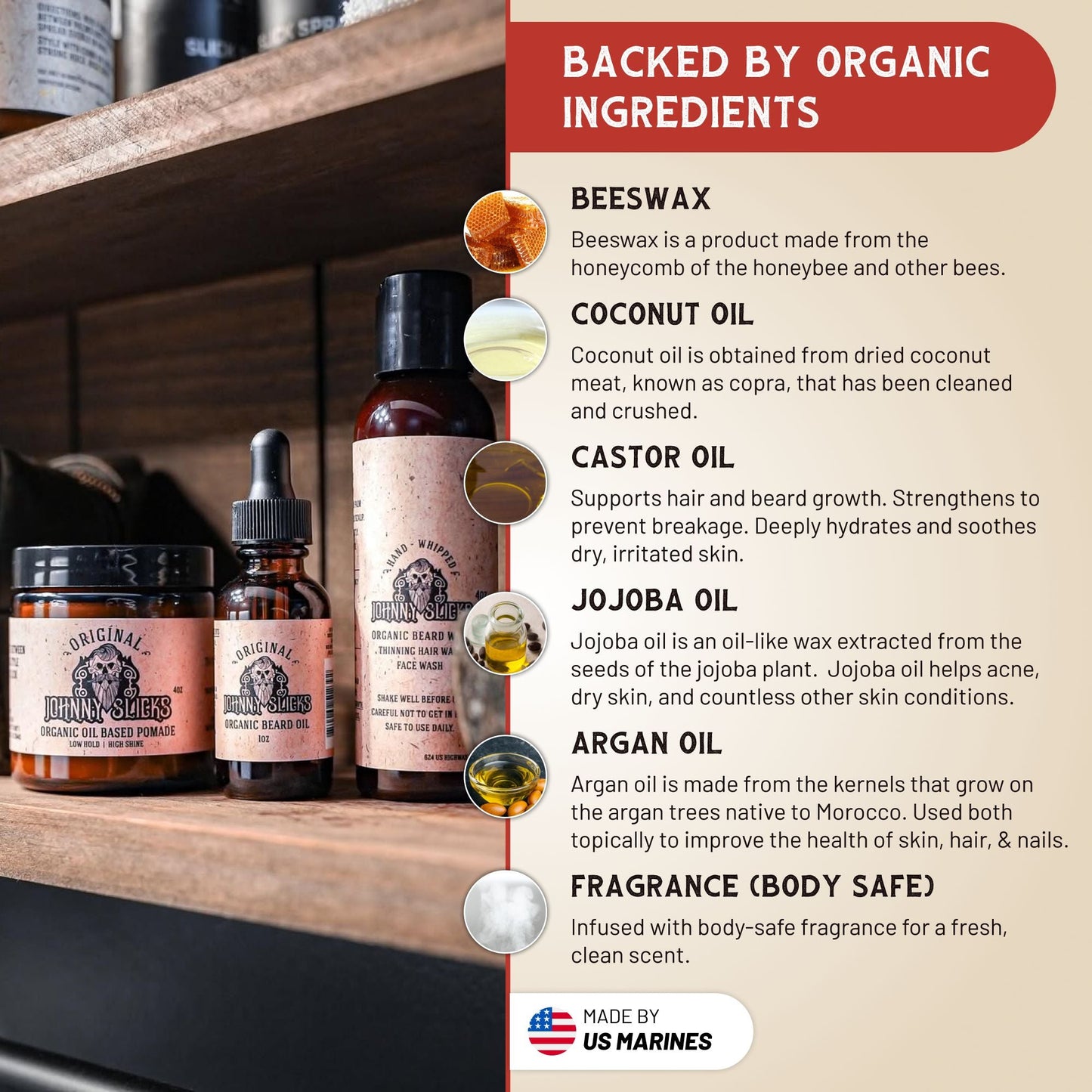 Bottle of Johnny Sailor's products on a wooden shelf with text about organic ingredients.