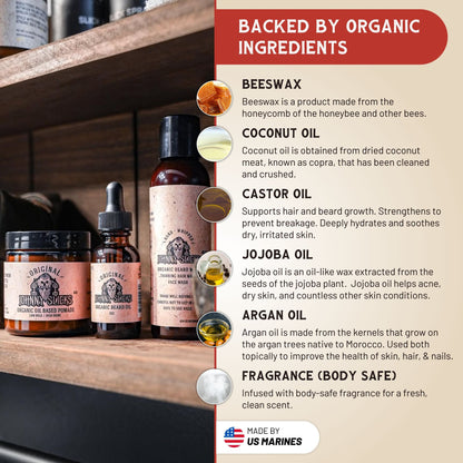Bottle of Johnny Sailor's products on a wooden shelf with text about organic ingredients.