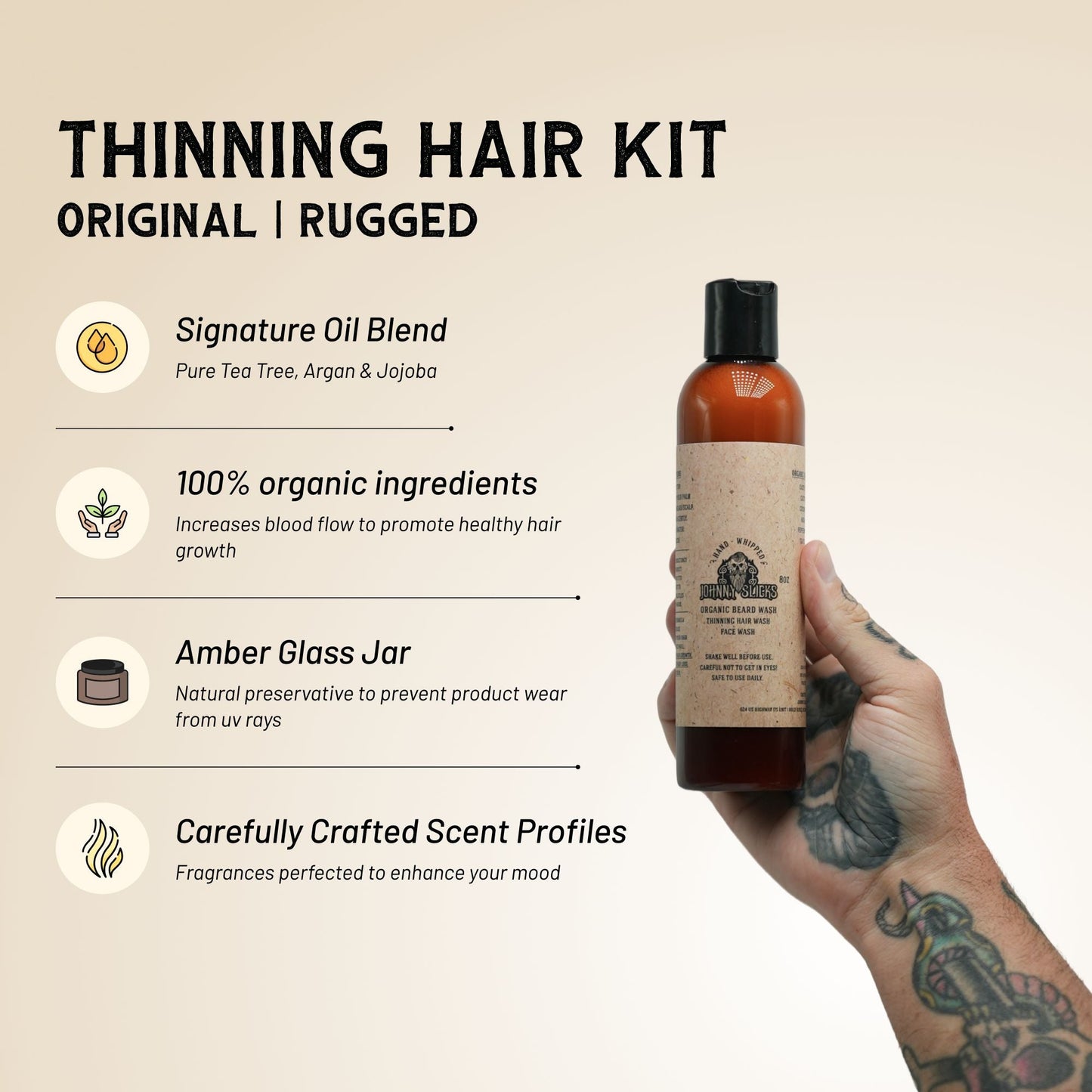 Thinning hair kit with bottle held by a hand, featuring organic ingredients and natural packaging.