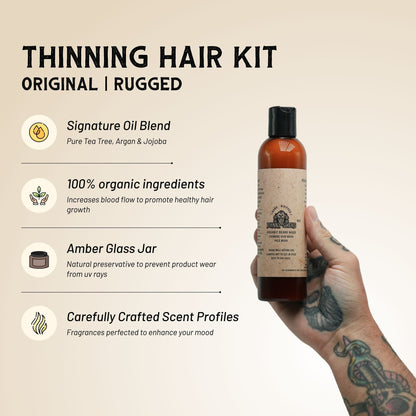 Thinning hair kit with bottle held by a hand, featuring organic ingredients and natural packaging.