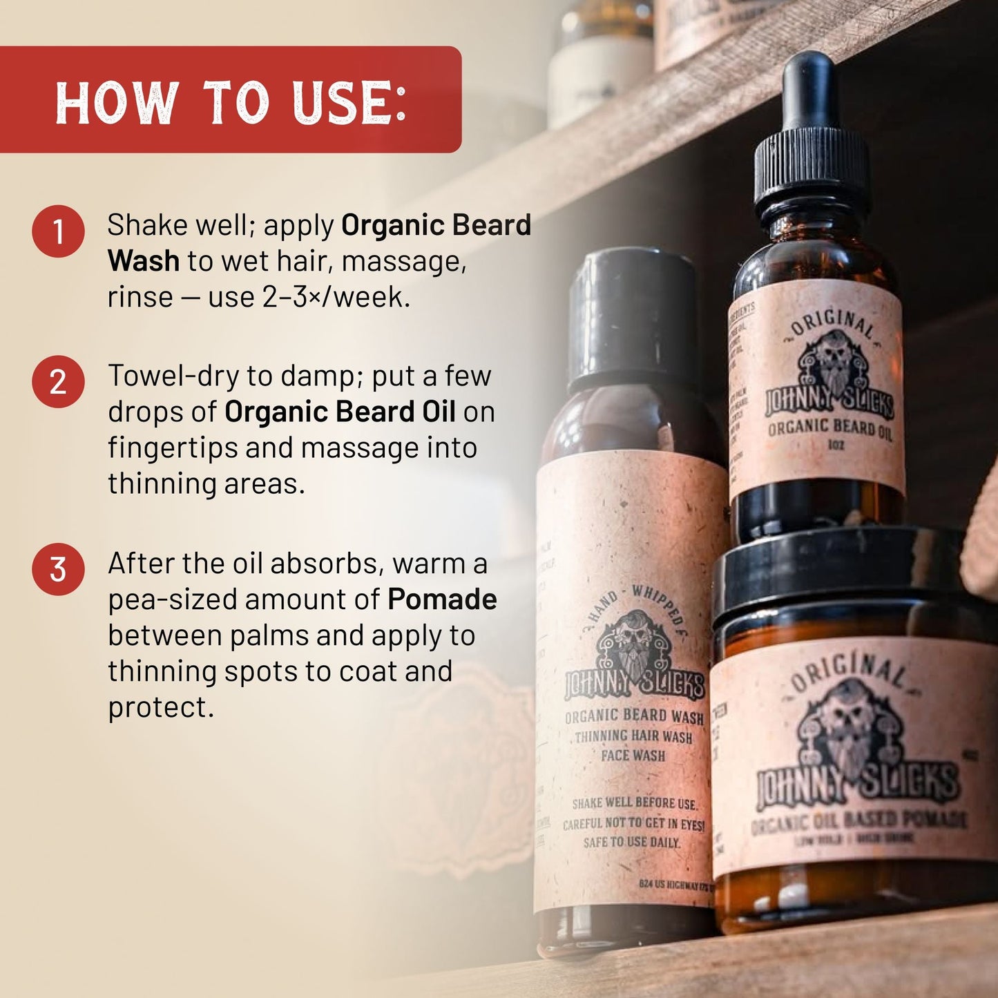 Johnny Sticks organic hair care products with usage instructions on a wooden shelf.