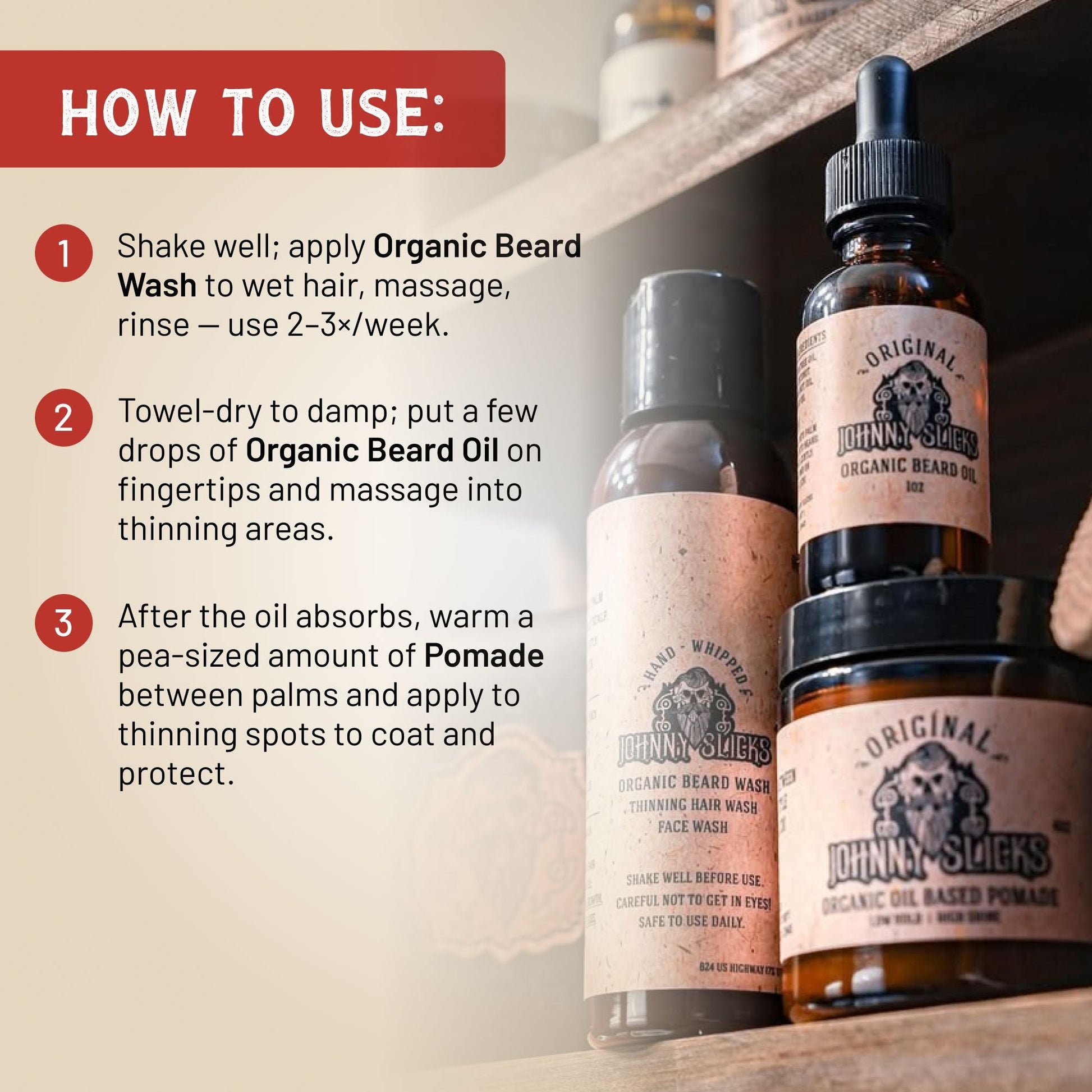 Johnny Sticks organic hair care products with usage instructions on a wooden shelf.