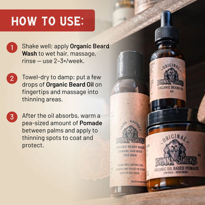 Johnny Sticks organic hair care products with usage instructions on a wooden shelf.