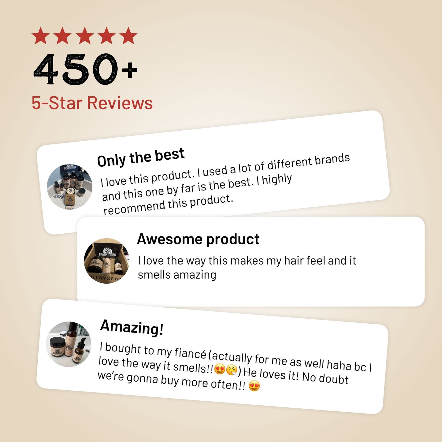 Five-star product reviews with user avatars and text on a beige background