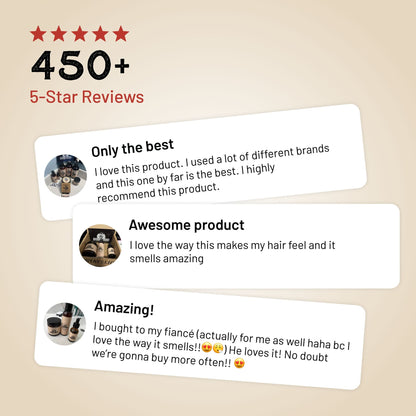 Five-star product reviews with user avatars and text on a beige background
