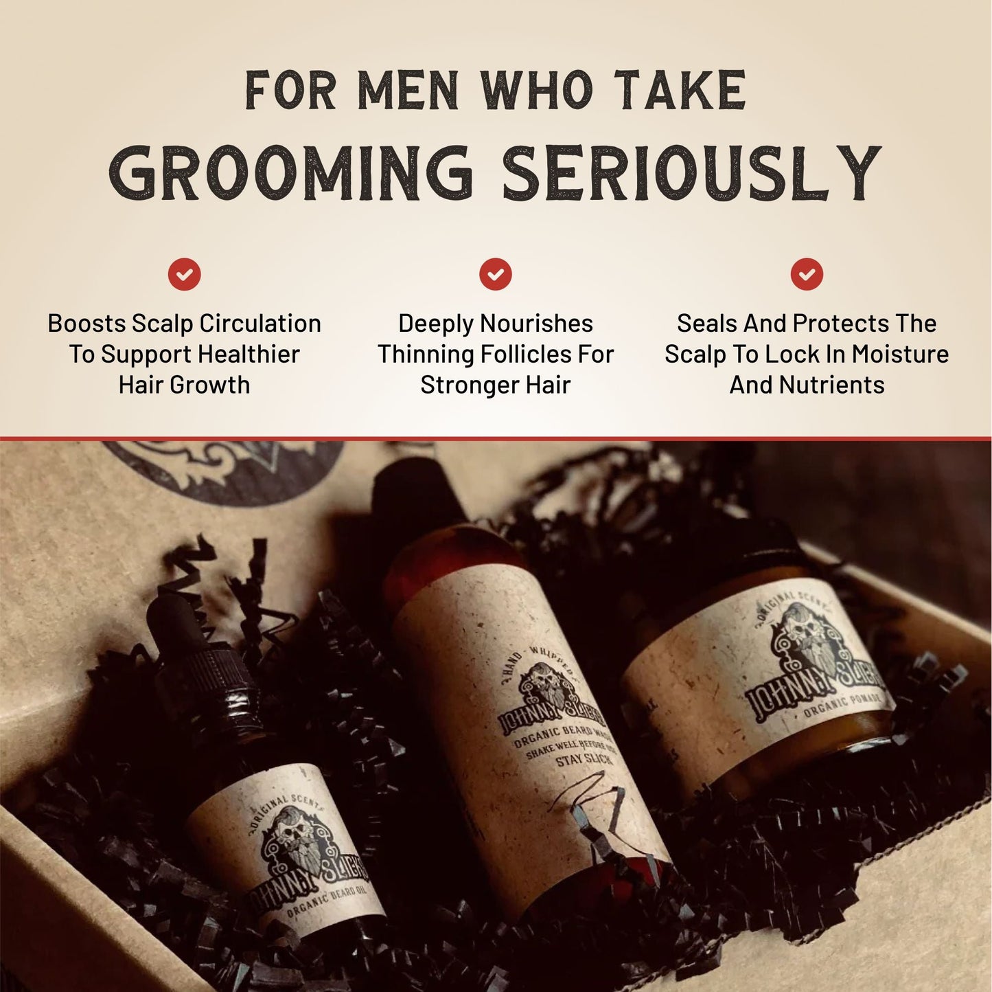 Three bottles of men's grooming products with labels on a textured background.
