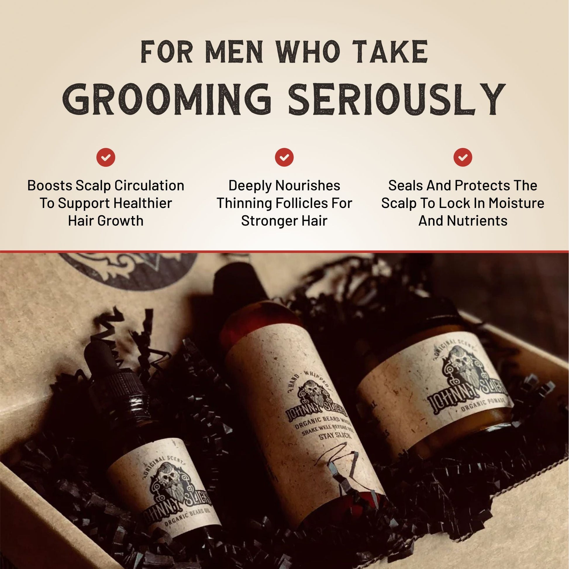 Three bottles of men's grooming products with labels on a textured background.