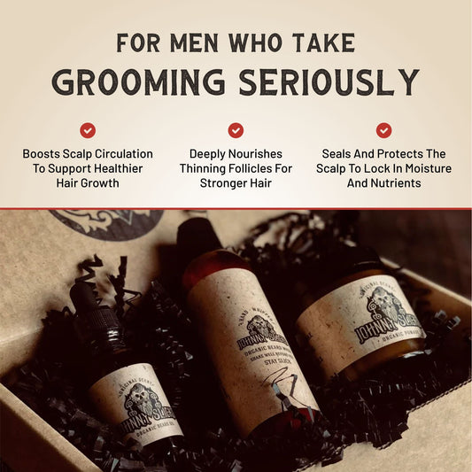 Three bottles of men's grooming products with labels on a textured background.