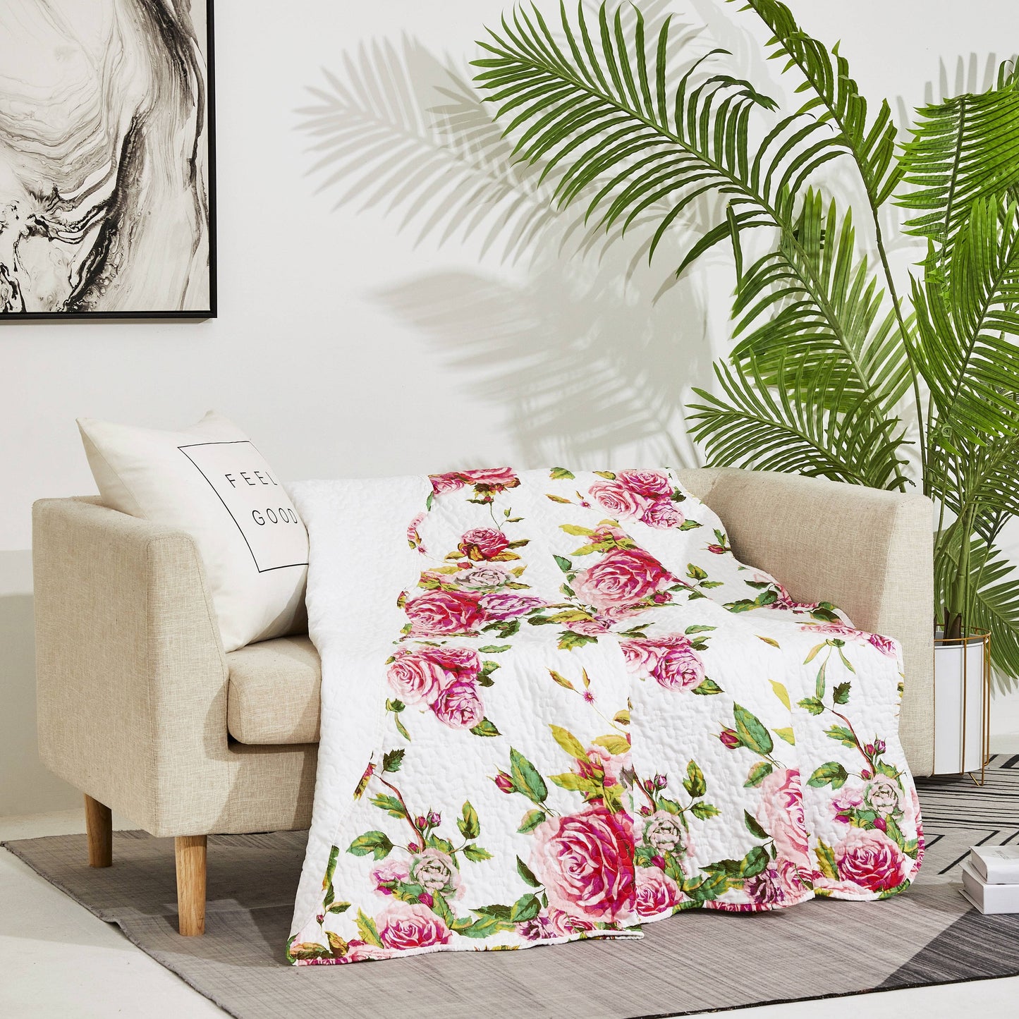 Romantic Roses Floral Throw Blanket - Lovely Spring Pink & White Scalloped Edges