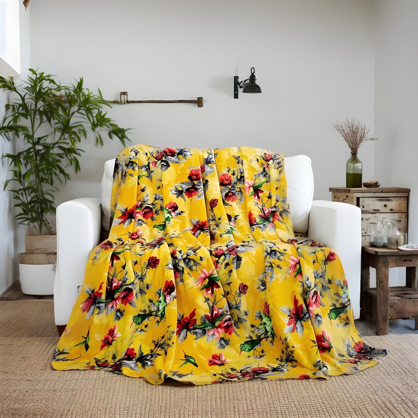 Yellow Farmhouse Rustic Spring Floral Hummingbirds Soft Fleece Throw Blanket