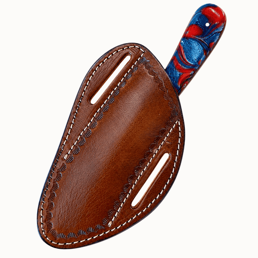 Handcrafted Cowboy Rasp Knife with resin handle inserted into western smooth leather pancake sheath