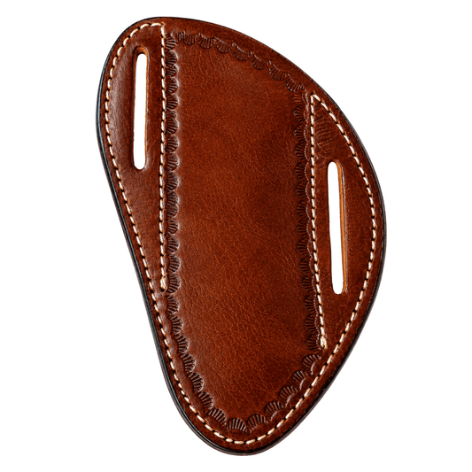 Handmade western smooth leather pancake knife sheath in chestnut brown with angled cross draw design