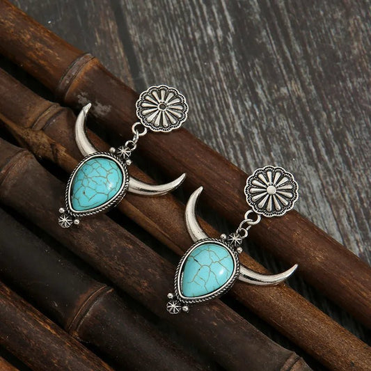 Turquoise & Metal Cow Head Drop Earrings - Bumpkin Ranchwear