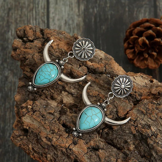 Turquoise & Metal Cow Head Drop Earrings - Bumpkin Ranchwear