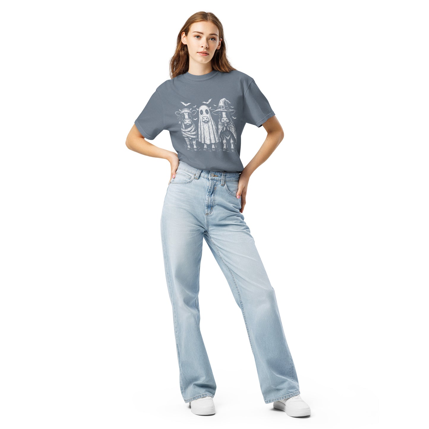 Womens Halloween Cows T Shirt Cotton Graphic Print Tee Soft Fall Theme Tee Relaxed Fit Mummy Cow Cattle Witch Hat Pumpkin Ghost Spooky Cute