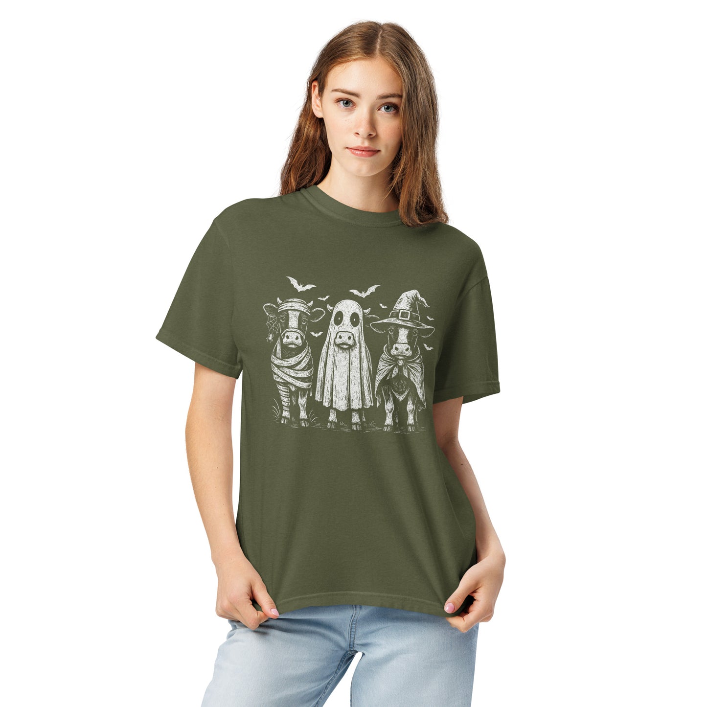 Womens Halloween Cows T Shirt Cotton Graphic Print Tee Soft Fall Theme Tee Relaxed Fit Mummy Cow Cattle Witch Hat Pumpkin Ghost Spooky Cute