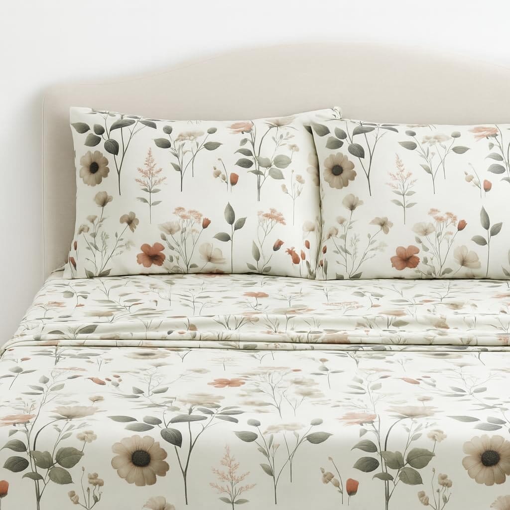 Enchanted Meadow Bed Sheet Set - Floral Harmony in Beige, Rose, and Soft Green
