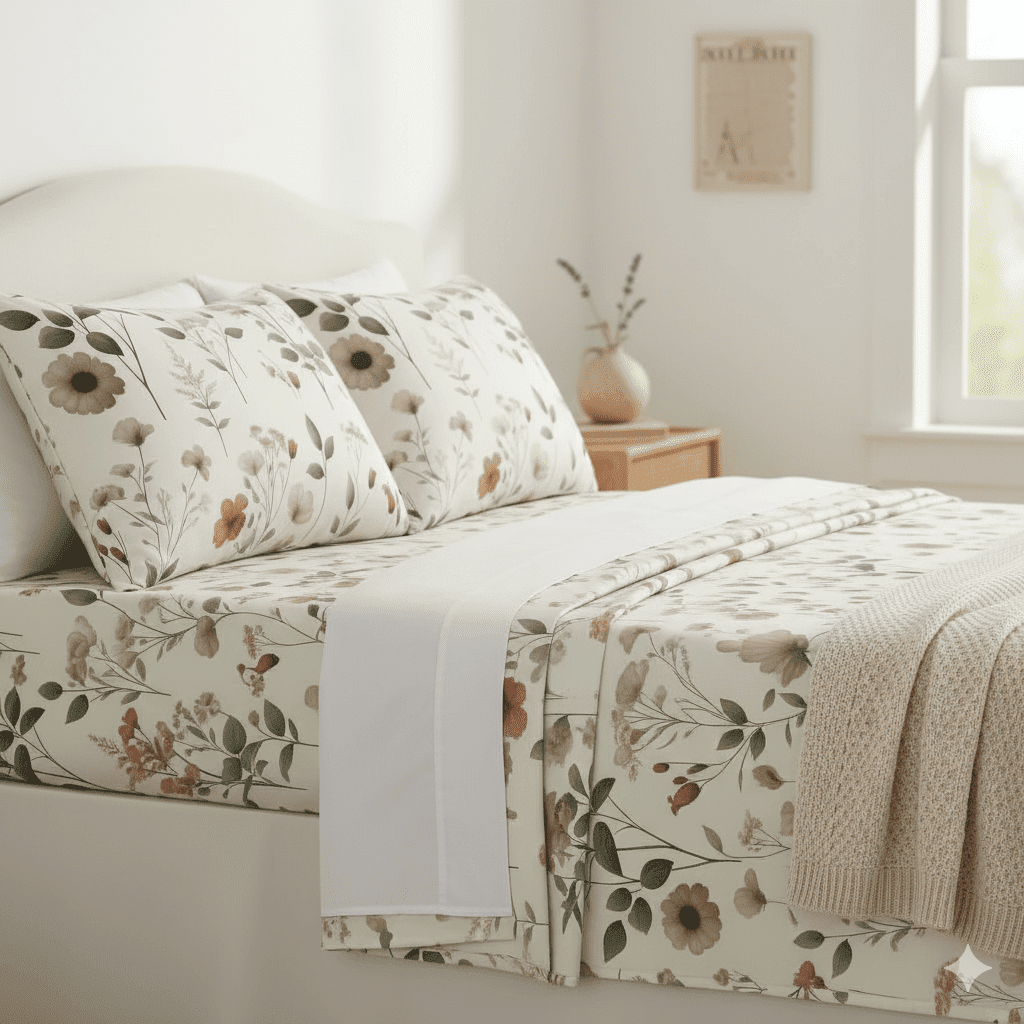 Enchanted Meadow Bed Sheet Set - Floral Harmony in Beige, Rose, and Soft Green