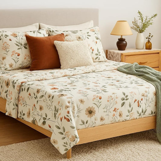 Enchanted Meadow Bed Sheet Set - Floral Harmony in Beige, Rose, and Soft Green