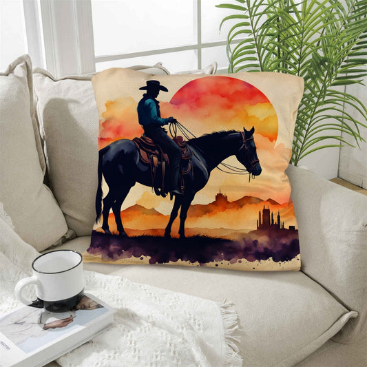Watercolor Desert Cowboy Throw Pillow Case - Bumpkin Ranchwear